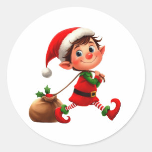 A happy Christmas Elf pulling a bag of toys Classic Round Sticker