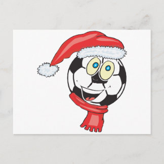 A happy christmas soccer ball wearing a santa hat holiday postcard
