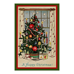 A Happy Christmas, vintage illustration, Poster