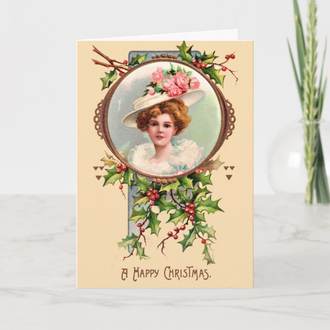 A Happy Christmas - Young Lady 1880s Holiday Card (Front)
