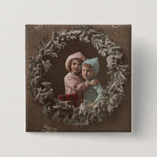 A Happy ChristmasLittle Kids Hugging 15 Cm Square Badge