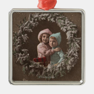 A Happy ChristmasLittle Kids Hugging Metal Ornament