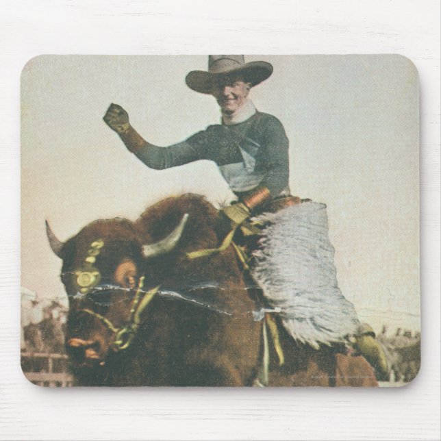 A Happy Cowboy on a Bucking Buffalo. Mouse Pad (Front)