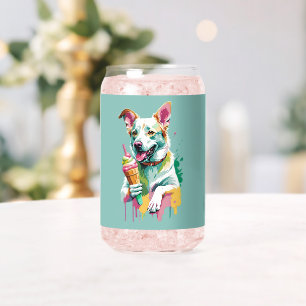 A Happy Dog eating an ice-cream Can Glass