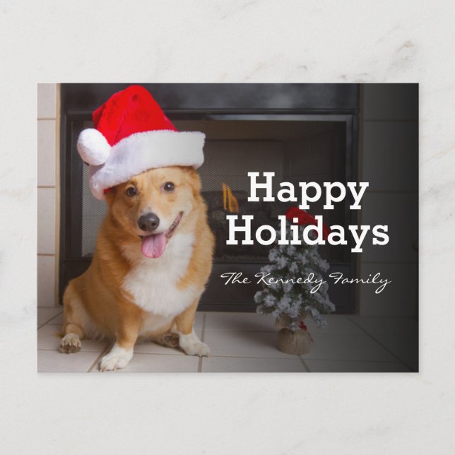 A happy, festive Pembroke Welsh Corgi Holiday Postcard (Front)