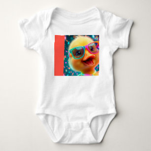 A happy fluffy yellow duckling wearing sunglasses baby bodysuit
