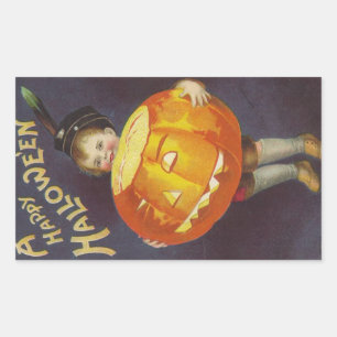 A Happy Halloween Boy with Big Pumpkin Vintage Rectangular Sticker