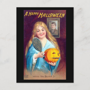 A Happy Halloween Girl Brushing Hair Vintage Postcard