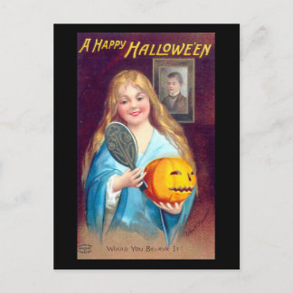 A Happy Halloween Girl Brushing Hair Vintage Postcard