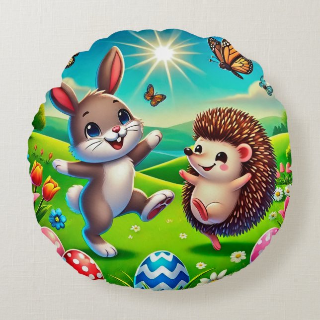 A happy hare and hedgehog round cushion (Front)