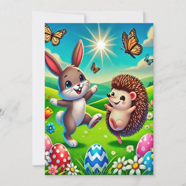 A happy hare and hedgehog save the date (Front)