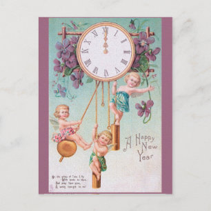 A HAPPY NEW YEAR cherubs & clock Postcard