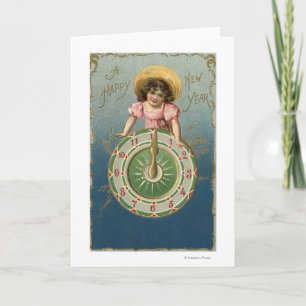 A Happy New YearGirl atop a Clock Holiday Card
