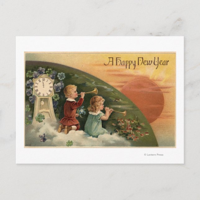 A Happy New YearKids Blowing Trumpets Holiday Postcard (Front)