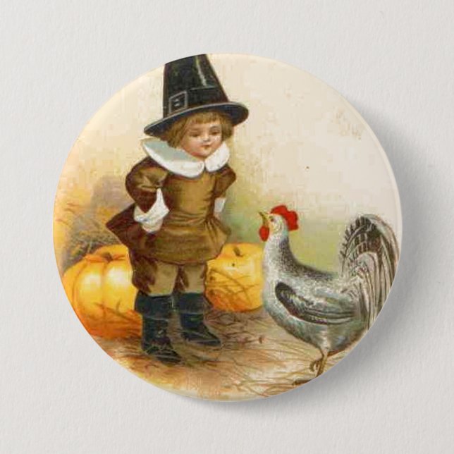 A Happy Thanksgiving Pilgrim and Plymouth Rock 7.5 Cm Round Badge (Front)