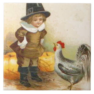 A Happy Thanksgiving Pilgrim and Plymouth Rock Ceramic Tile