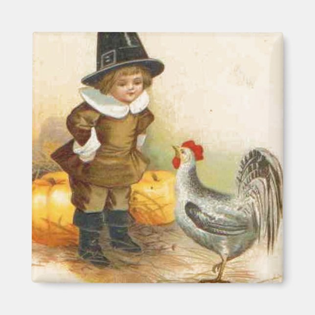 A Happy Thanksgiving Pilgrim and Plymouth Rock Magnet (Front)