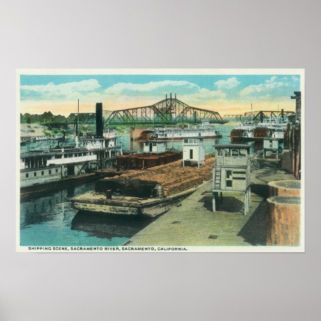 A Harbour Shipping Scene on Sacramento River Poster (Front)
