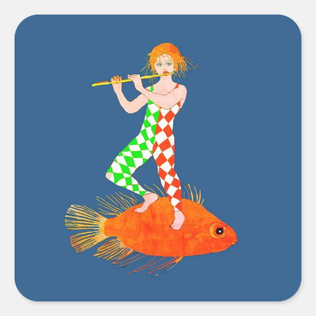 A Harlequin clown character playing a flute Square Sticker (Front)