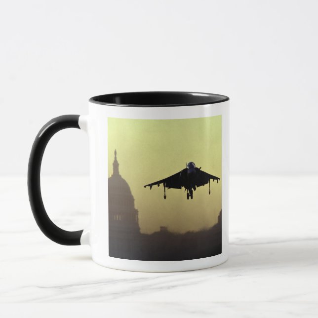 A Harrier jet landing on the Mall at dawn with Mug (Left)