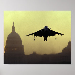 A Harrier jet landing on the Mall at dawn with Poster