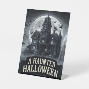 A Haunted Halloween Vintage Gothic Illustration Pedestal Sign