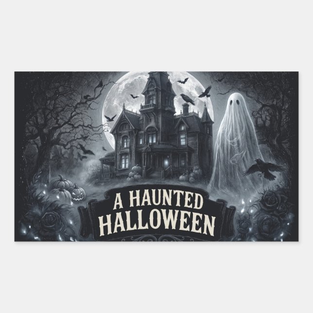 A Haunted Halloween Vintage Gothic Illustration Rectangular Sticker (Front)