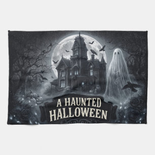 A Haunted Halloween Vintage Gothic Illustration Tea Towel