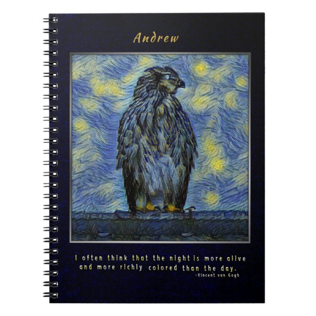 A Hawk Bird on a Roof on a Starry Night Notebook (Front)