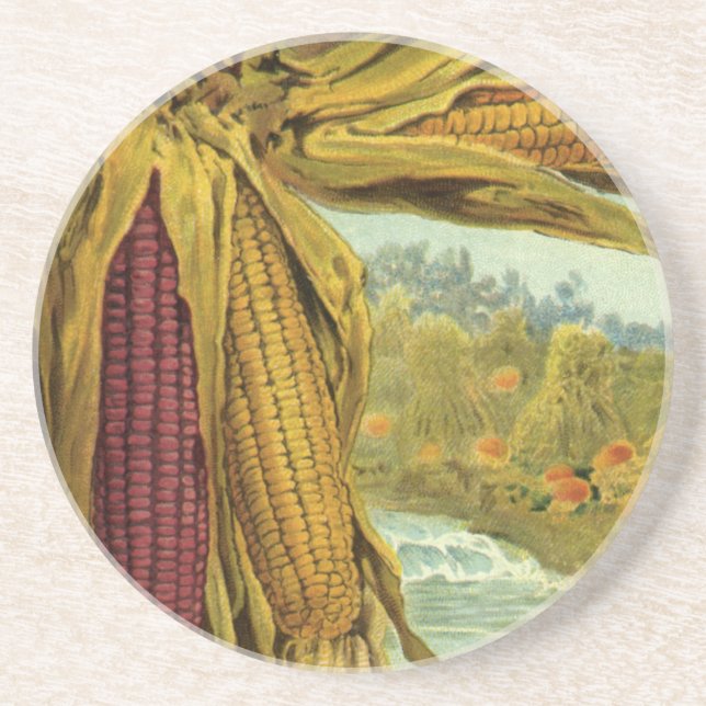 A Hearty Thanksgiving; Indian Corn and Haystacks Coaster (Front)