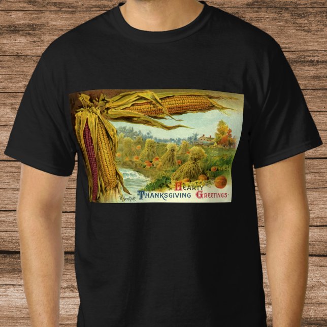 A Hearty Thanksgiving; Indian Corn and Haystacks T-Shirt (A Hearty Thanksgiving; Indian Corn and Haystacks T-Shirt)