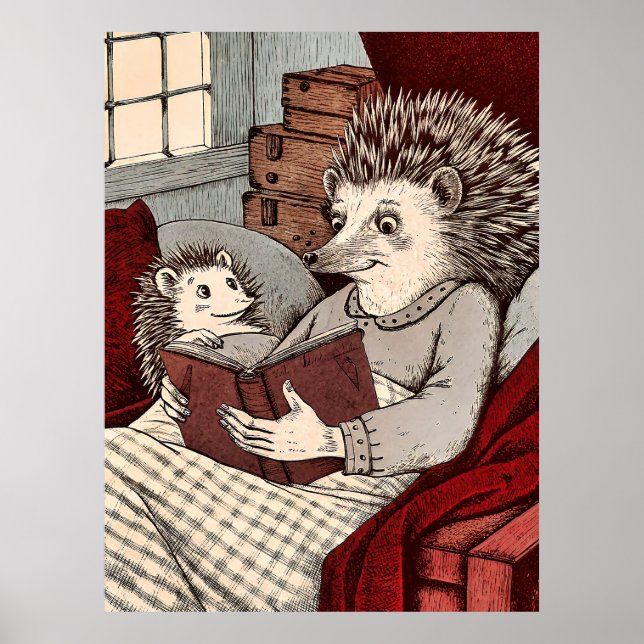 A hedgehog in a blanket reading a book to a young poster (Front)