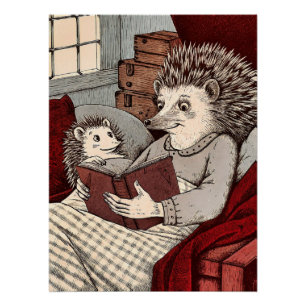 A hedgehog in a blanket reading a book to a young  poster