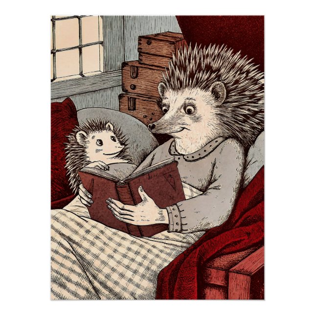 A hedgehog in a blanket reading a book to a young  poster (Front)