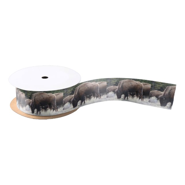 A Herd of Brown Bison Graze in a grassy Meadow Satin Ribbon (Spool)