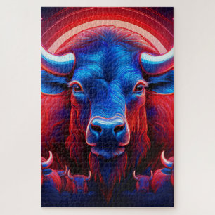 A Herd Of Red White And Blue Buffalo Jigsaw Puzzle