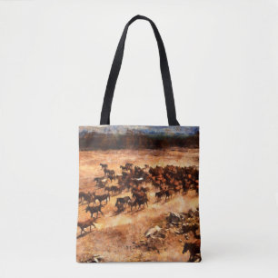 A herd of wild running horses. Artistic work on th Tote Bag