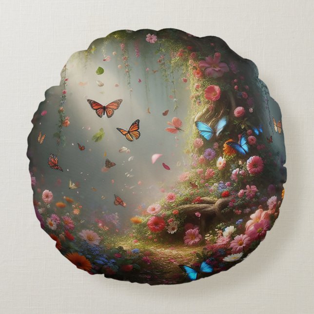 A hidden enchanted garden tucked away in a secret  round cushion (Front)