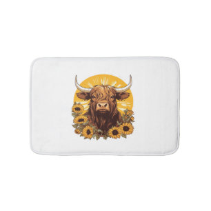 A Highland Cow Illustration with Sunflowers Classi Bath Mat
