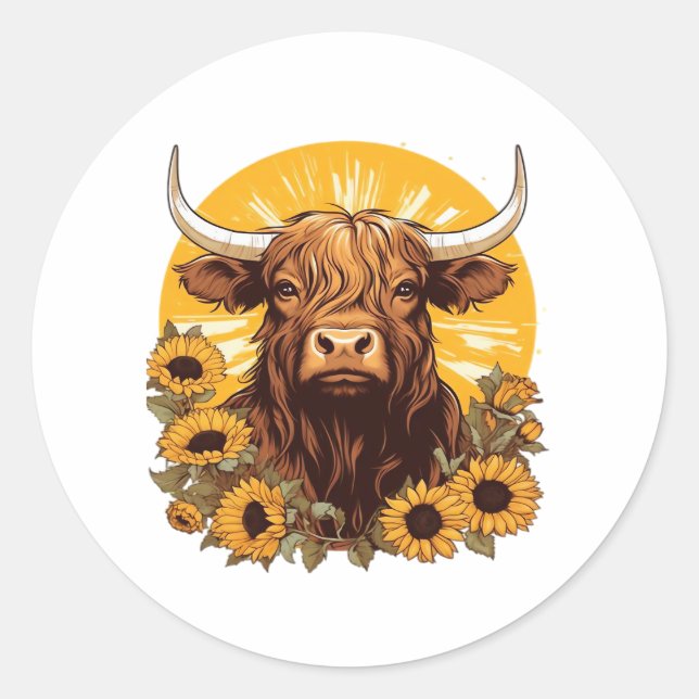 A Highland Cow Illustration with Sunflowers Classi Classic Round Sticker (Front)