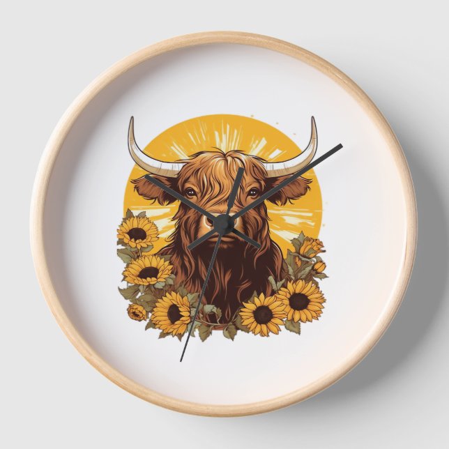A Highland Cow Illustration with Sunflowers Classi Clock (Front)
