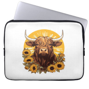 A Highland Cow Illustration with Sunflowers Classi Laptop Sleeve