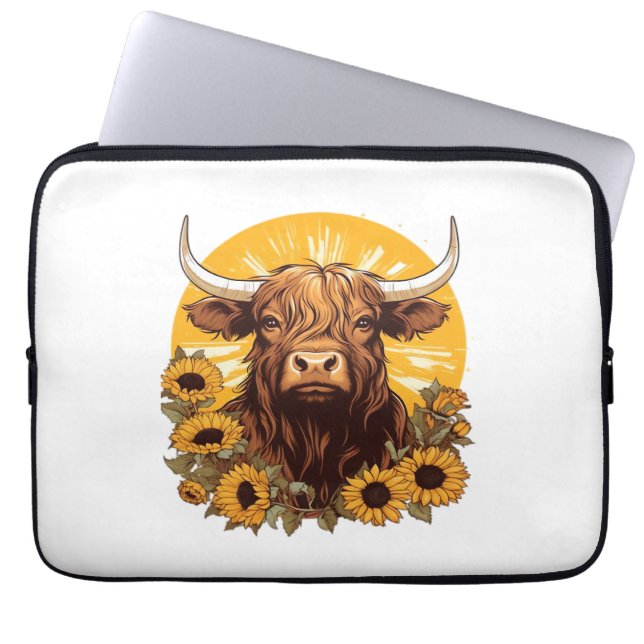 A Highland Cow Illustration with Sunflowers Classi Laptop Sleeve (Front)