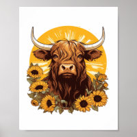 A Highland Cow Illustration with Sunflowers Classi