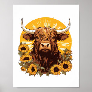A Highland Cow Illustration with Sunflowers Classi Poster