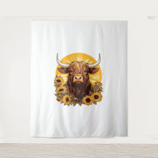 A Highland Cow Illustration with Sunflowers Classi Tapestry