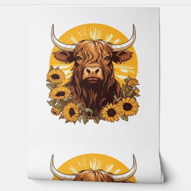 A Highland Cow Illustration with Sunflowers Classi Wallpaper (Unrolling)