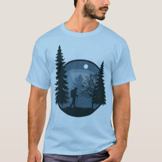 a hiker traversing a night forest T-Shirt