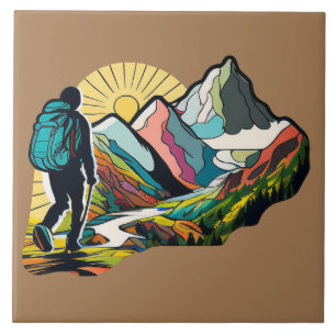 A hiker walking down a mountain path ceramic tile