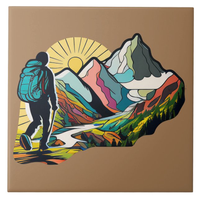 A hiker walking down a mountain path ceramic tile (Front)